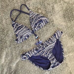 Lucky Brand Navy Blue Crochet Trim Triangle Bikini S/P